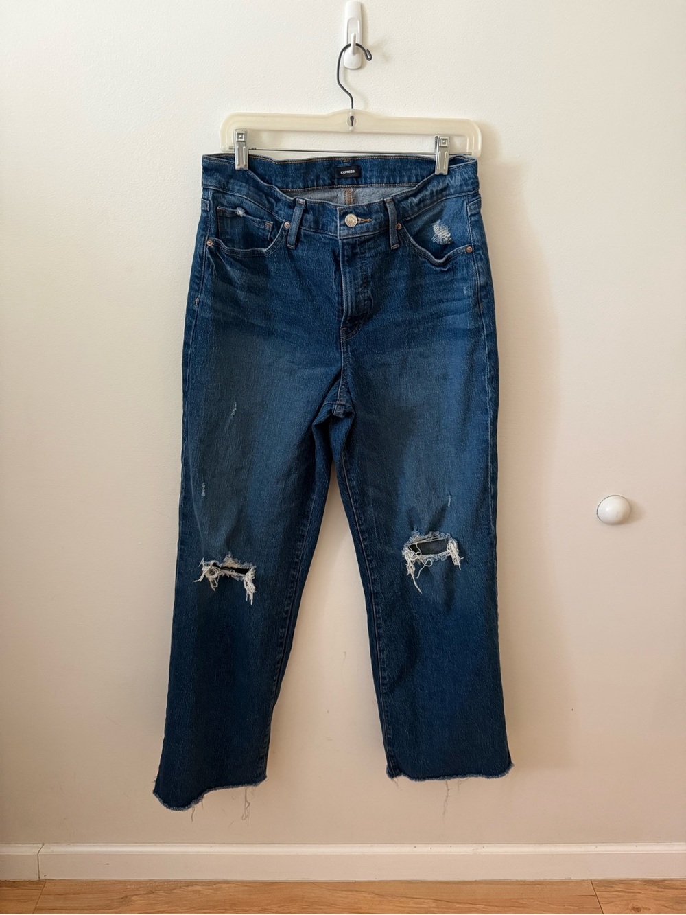 Express Distressed Dark wide leg high rise jeans